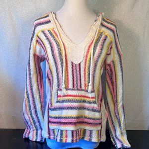 Long sleeve, hooded beach cover-up. Striped white/black/yelow/pink/red